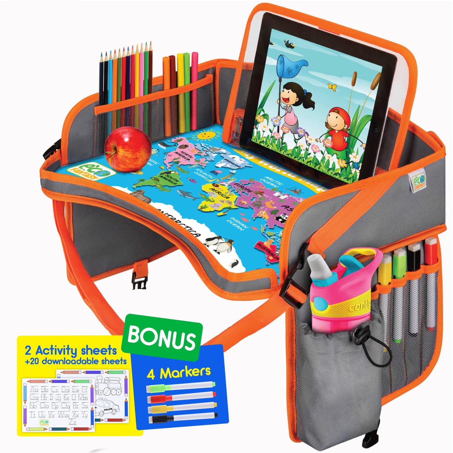 ECOFANTASY Kids Travel Tray - Waterproof Car Table with No-Drop Large Tablet Holder - Car Seat Tray - Road Trip Must Haves - Kid