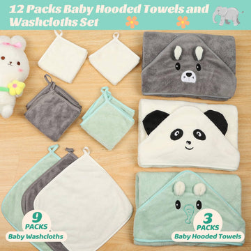 Sublaga 12 Pcs Baby Towels, 3 Pcs Soft Hooded Baby Towels & 9 Pcs Washcloths, Baby Bath Towels For Newborns, Infants & Toddlers-