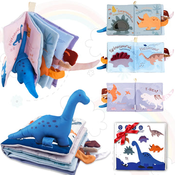 Richgv Baby Books Toys 0-6-12 Months, Baby Boy Girl Gifts Toys 0-6-12 Touch and Feel 3D Books with Dino Doll, Newborn Infant Car