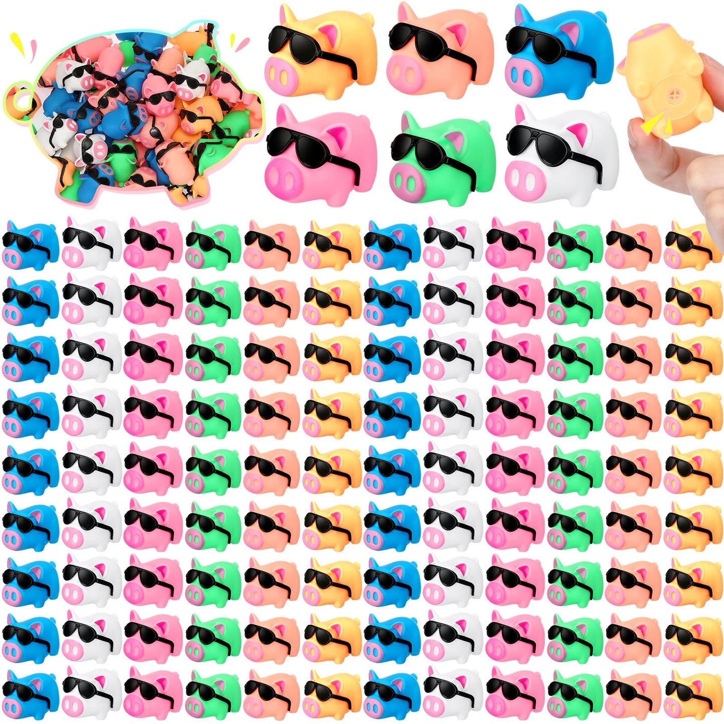 Syhood 150 Packs Mini Rubber Pigs with Sunglasses Sets Pig Bath Toy Bulk Squeaky Piggy Bathtub Toys for Shower Birthday Party Fa