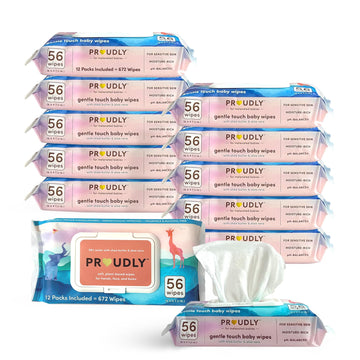 Proudly Gentle Touch Baby Wipes, Unscented & Hypoallergenic Water Wipes For Black & Brown Babies' Skin Care, 672 Count (12-Pack)