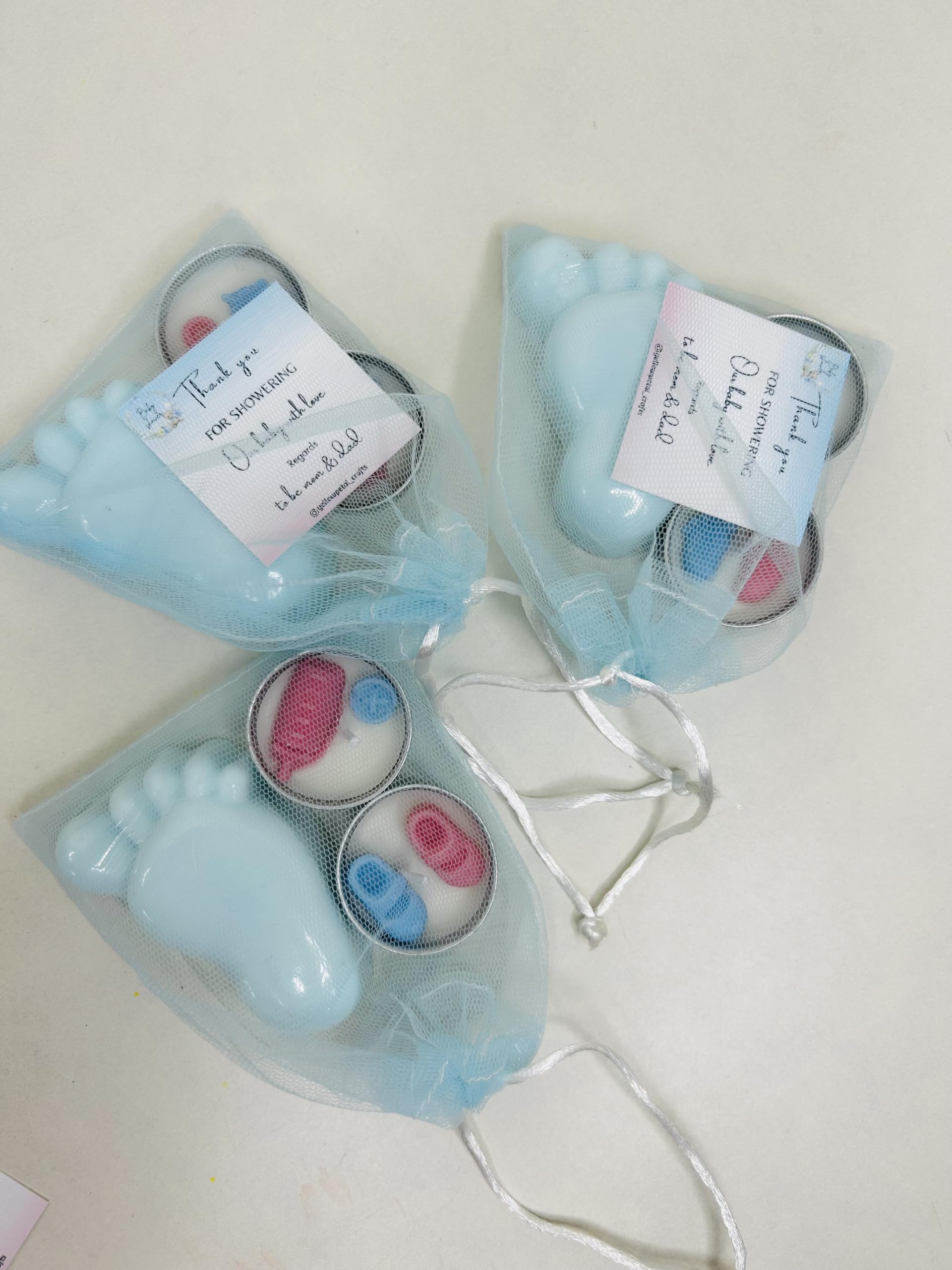 Yellow Petal  Blue Baby Feet Soap Bar & 2 Baby Theme Tealight Candle,Packed In Net Pouch With Thank You Card, Baby Shower, Hand