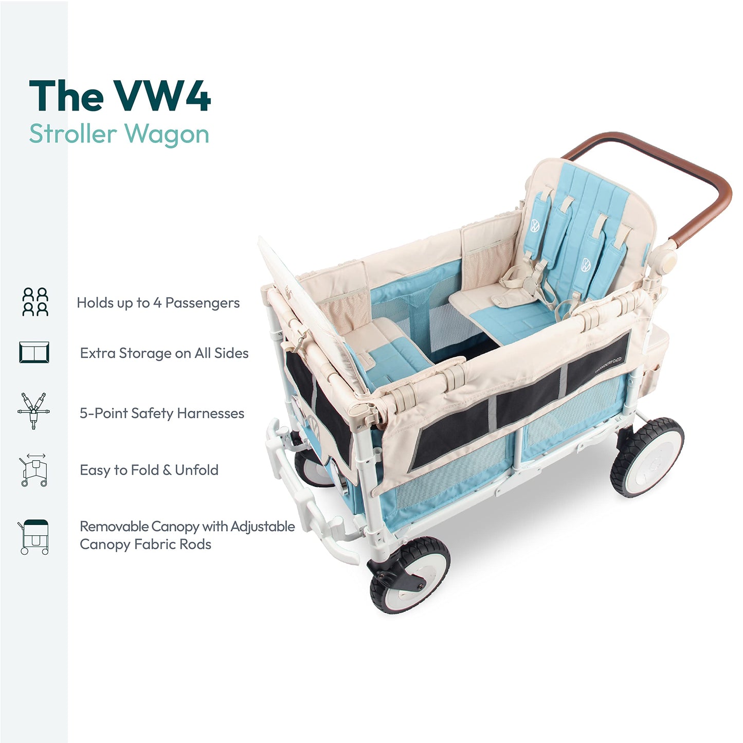 WONDERFOLD Volkswagen Stroller Wagon (4 Seater) - Collapsible Wagon Stroller with VW Bumper, Functioning Headlights, and All-Ter