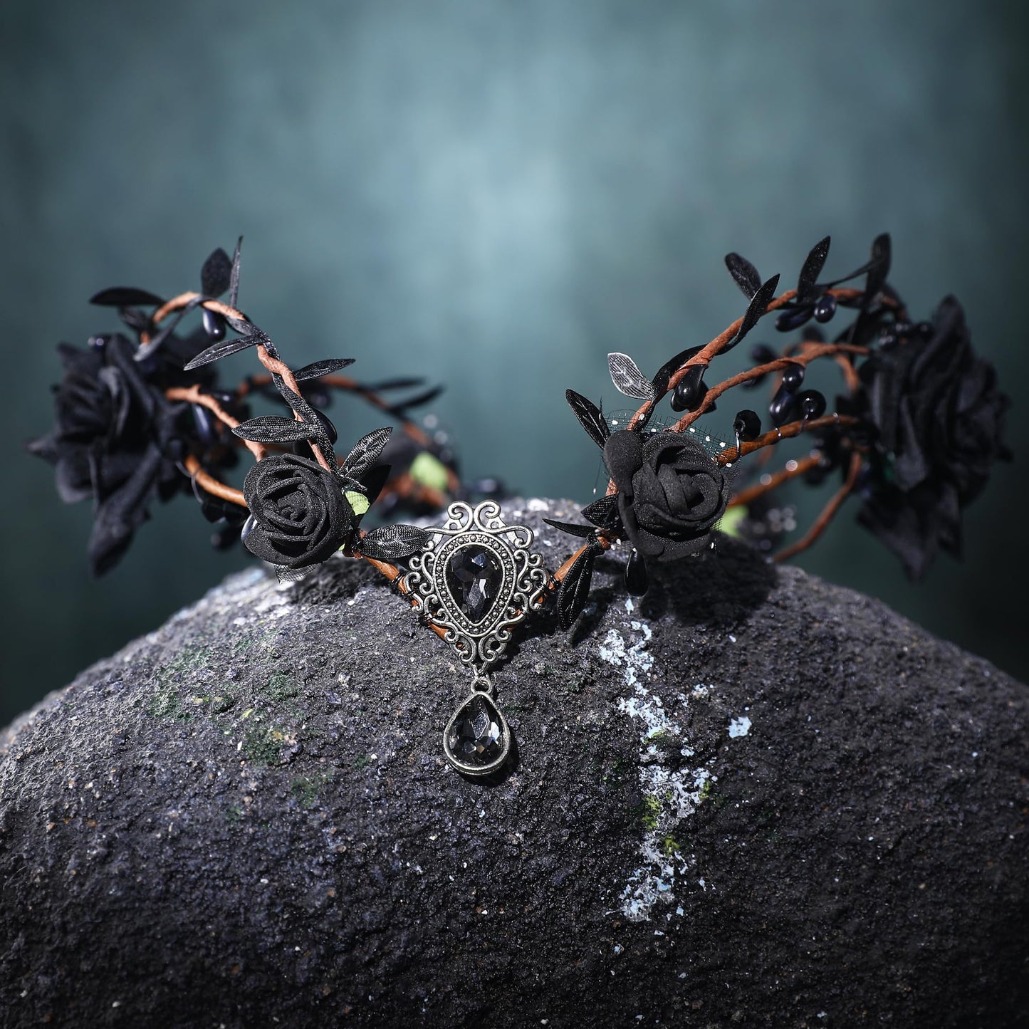 Renaissance Black Fairy Flower Crown - Handmade Elf Floral Headpiece With Crystal Gothic Elven Headpiece Woodland Tiara For Wome