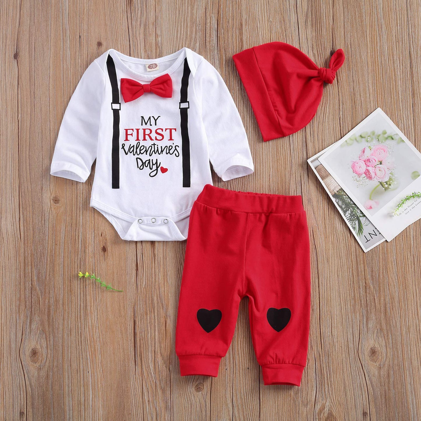 Kuriozud Baby Boy My First Valentine'S Day Outfits Long Sleeve Romper Bodysuit Top Pants Hat 3 Piece Clothes Set (Valentine'S Da