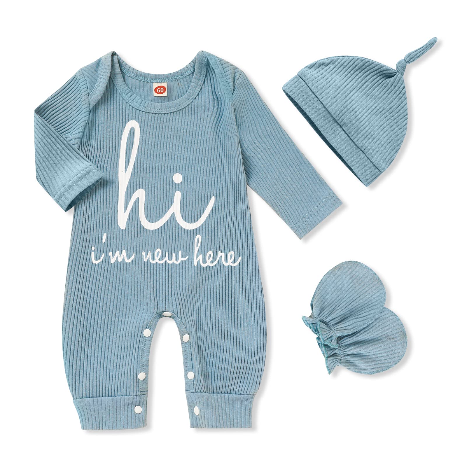 Grnshts Newborn Baby Boy Romper Coming Home Outfits Letter Print Knitted Jumpsuit+Hat+Gloves 3Pcs Clothes Set (Cadetblue, Newbor