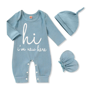 Grnshts Newborn Baby Boy Romper Coming Home Outfits Letter Print Knitted Jumpsuit+Hat+Gloves 3Pcs Clothes Set (Cadetblue, Newbor