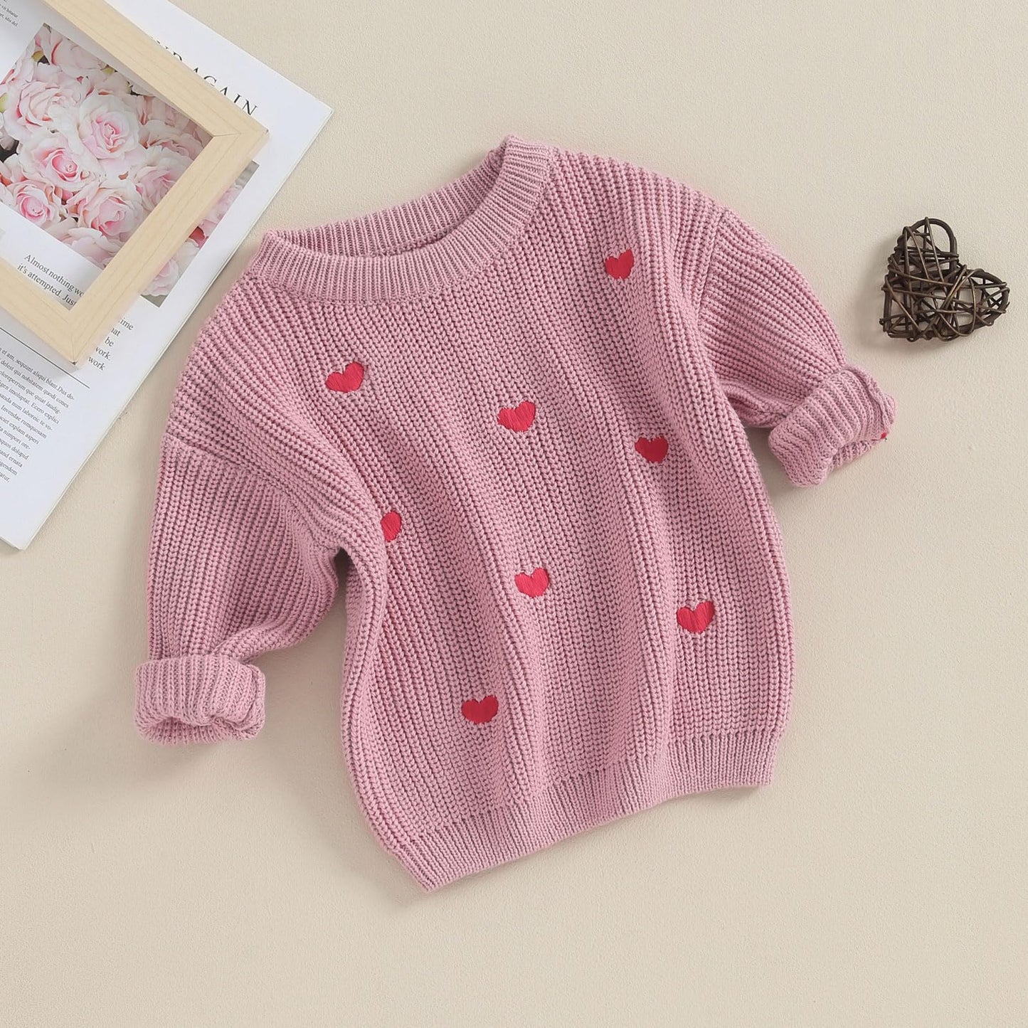 Baby Girl Cute Long Sleeve Crew Neck Love Embroidery Sweater Toddler Valentine Day Outfits (Rose Pink Heart, 12-18 Months)