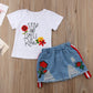 Toddler Baby Girls Smell The Rose T Shirttops + Denim Skirts Clothing Outfit Set (5-6Years, White)
