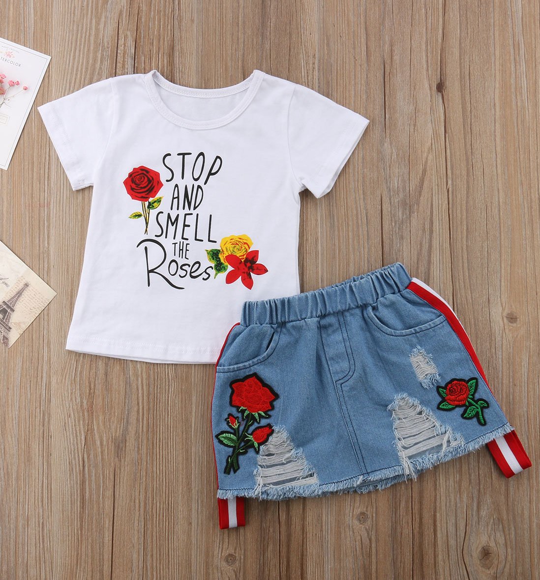 Toddler Baby Girls Smell The Rose T Shirttops + Denim Skirts Clothing Outfit Set (5-6Years, White)