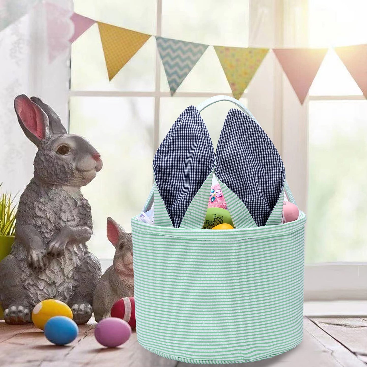 Easter Bunny Basket Seersucker Egg Bags For Kids,Personalized Candy Egg Basket Rabbit Print Buckets With Fluffy Tail Gifts Bags