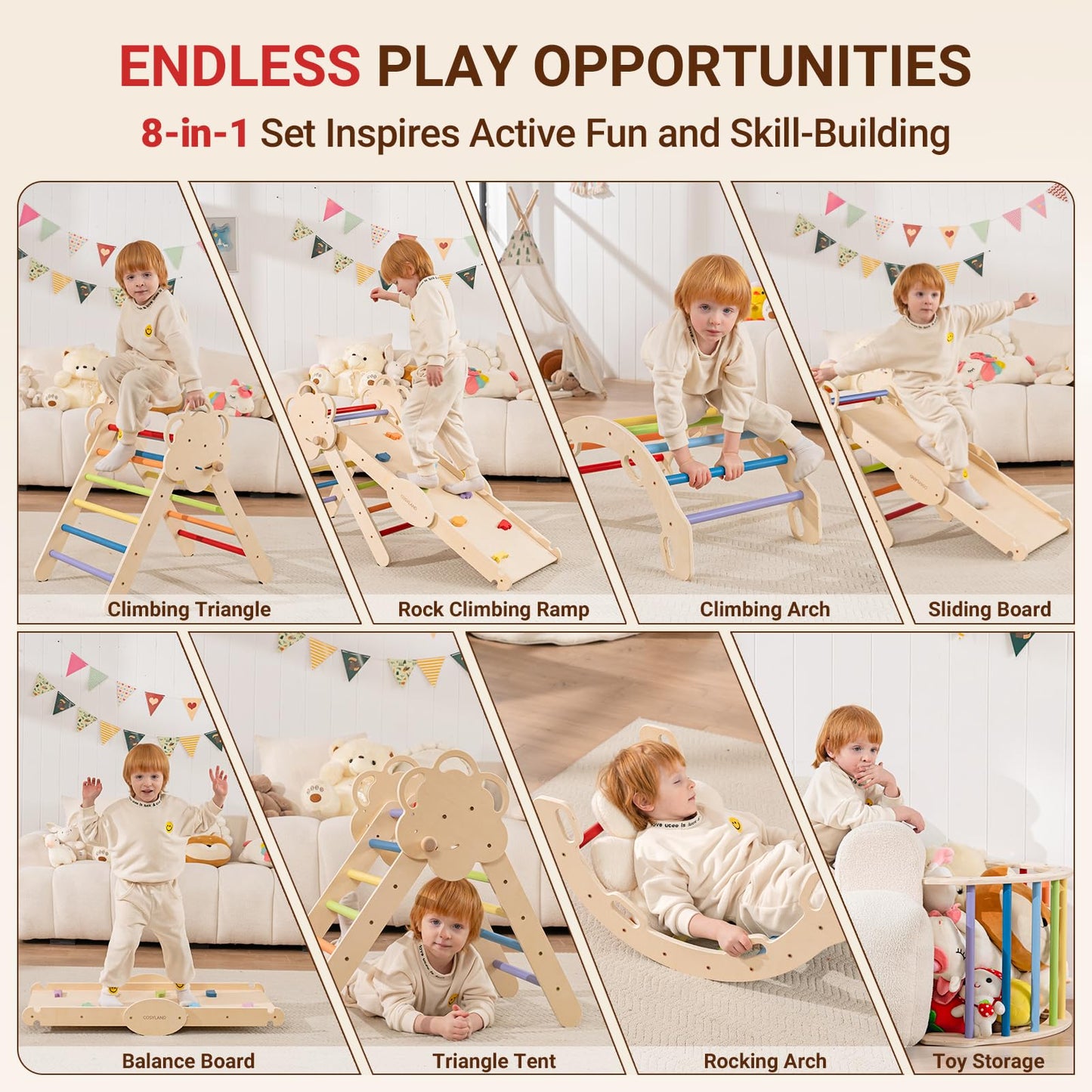 Cosyland Pikler Triangle Set 8 In 1 - Adjustable 3-Level Montessori Climbing Toys For Toddlers 18M-6Y, Foldable Wooden Indoor Ju