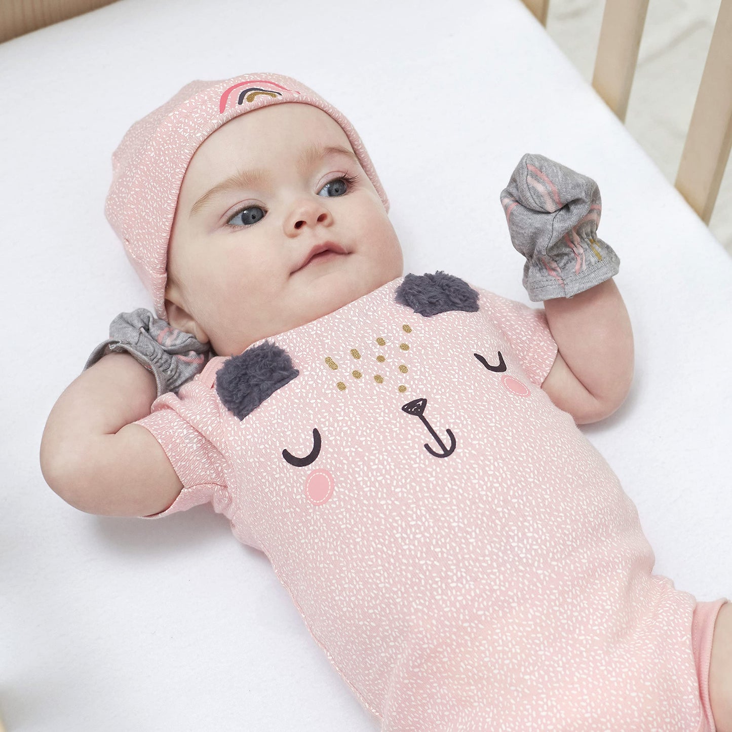 Gerber Baby Girls Cap And Mitten Sets 8Pc Pink Bear 0-3 Months