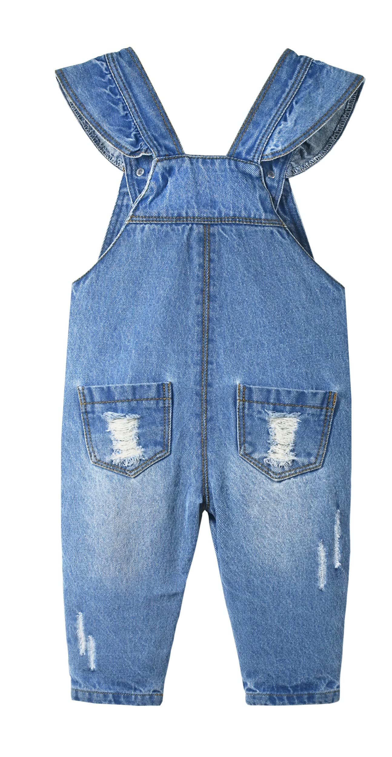 Kidscool Space Baby & Little Girls Big Bib Pocket Ripped Letter Ruffled Jeans Overalls,Blue,18-24 Months