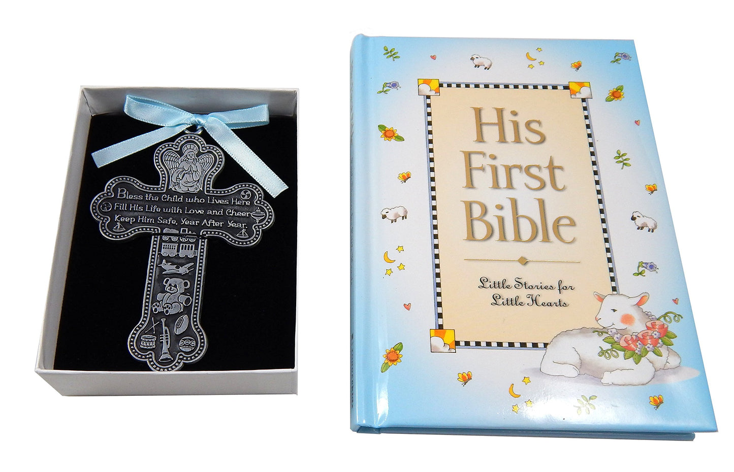 Baby Boy First Bible and 4  Pewter Baptism Guardian Angel Crib Cross (Original Version)