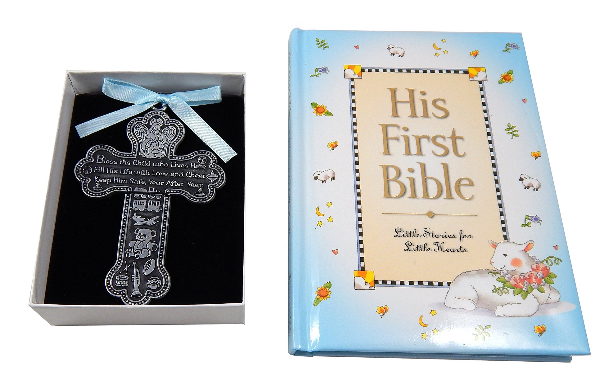 Baby Boy First Bible and 4  Pewter Baptism Guardian Angel Crib Cross (Original Version)