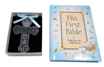 Baby Boy First Bible and 4  Pewter Baptism Guardian Angel Crib Cross (Original Version)