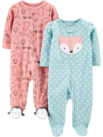 Simple Joys By Carter'S Baby Girls' Fleece Footed Sleep And Play, Pack Of 2, Blue Fox/Peach Animal, Preemie