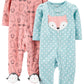 Simple Joys By Carter'S Baby Girls' Fleece Footed Sleep And Play, Pack Of 2, Blue Fox/Peach Animal, 6-9 Months