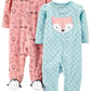 Simple Joys By Carter'S Baby Girls' Fleece Footed Sleep And Play, Pack Of 2, Blue Fox/Peach Animal, Newborn