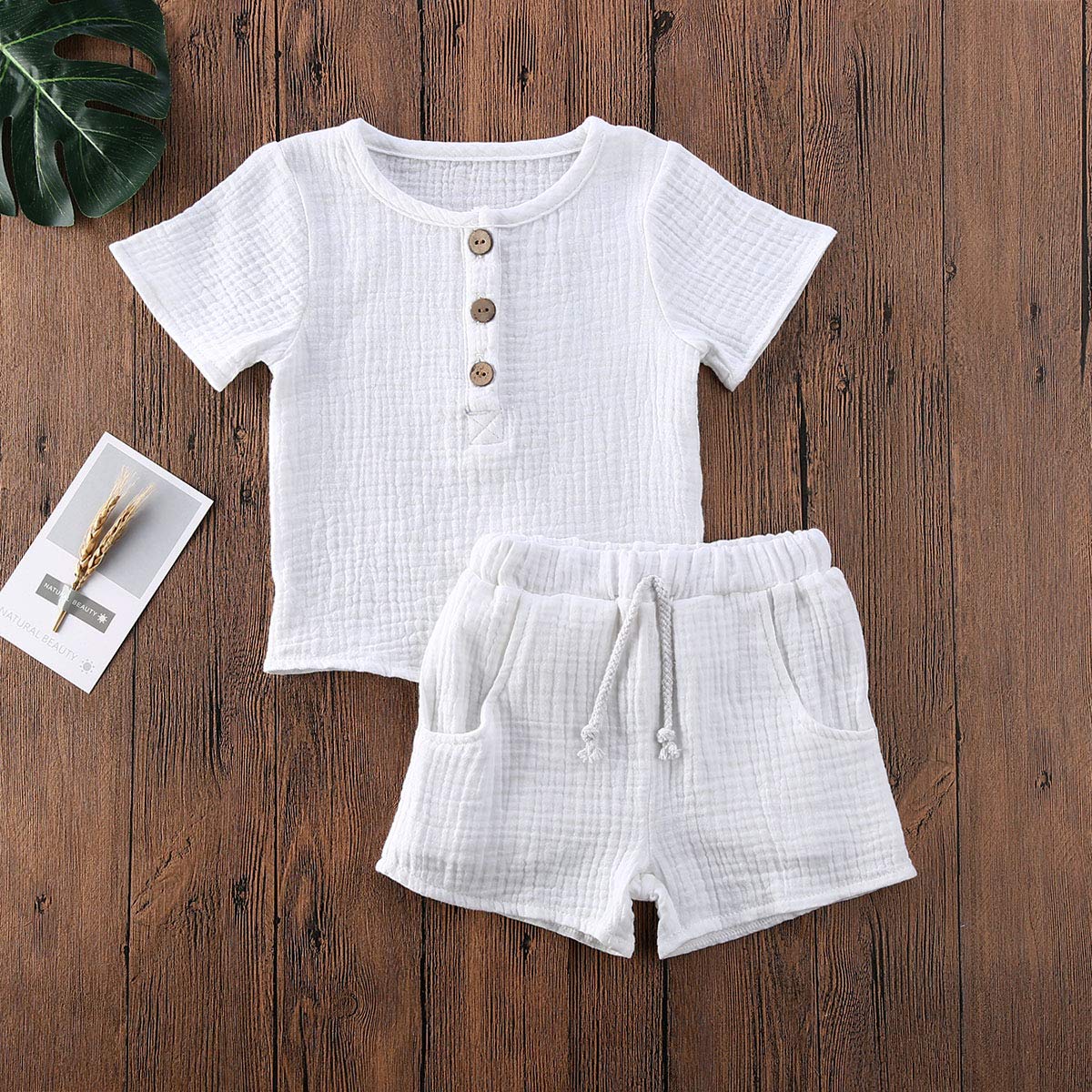 Fhutpw Baby Boys 2Pcs Summer Outfits Short Sleeve T-Shirt Tops Elastic Waistband Shorts Set Toddler Clothes (Linen White A1, 18-