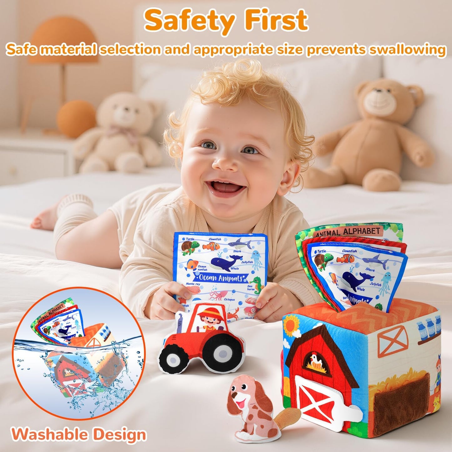 MPQMPQ Baby Tissue Box Toy Farm Crink Plush,Whats Inside Box Montessori Toys with Rattle,Crinkle,Mirror for Babies 6 9 12 18 Mon