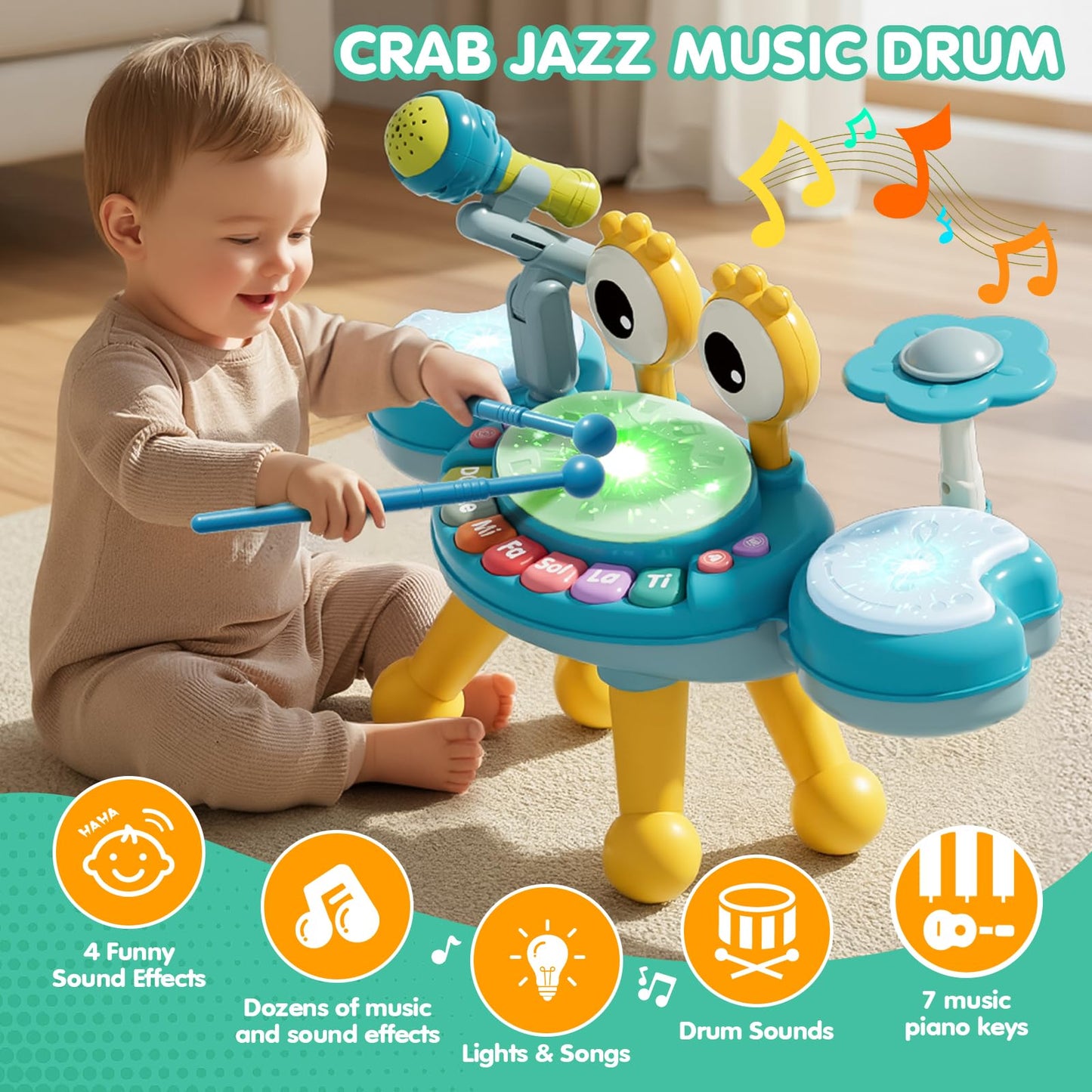 Toddler Drum Set for Kids 1-3, Baby Drum Set 1 Year Old with Light-Up Microphone, Musical Instruments Montessori Learning Toys f