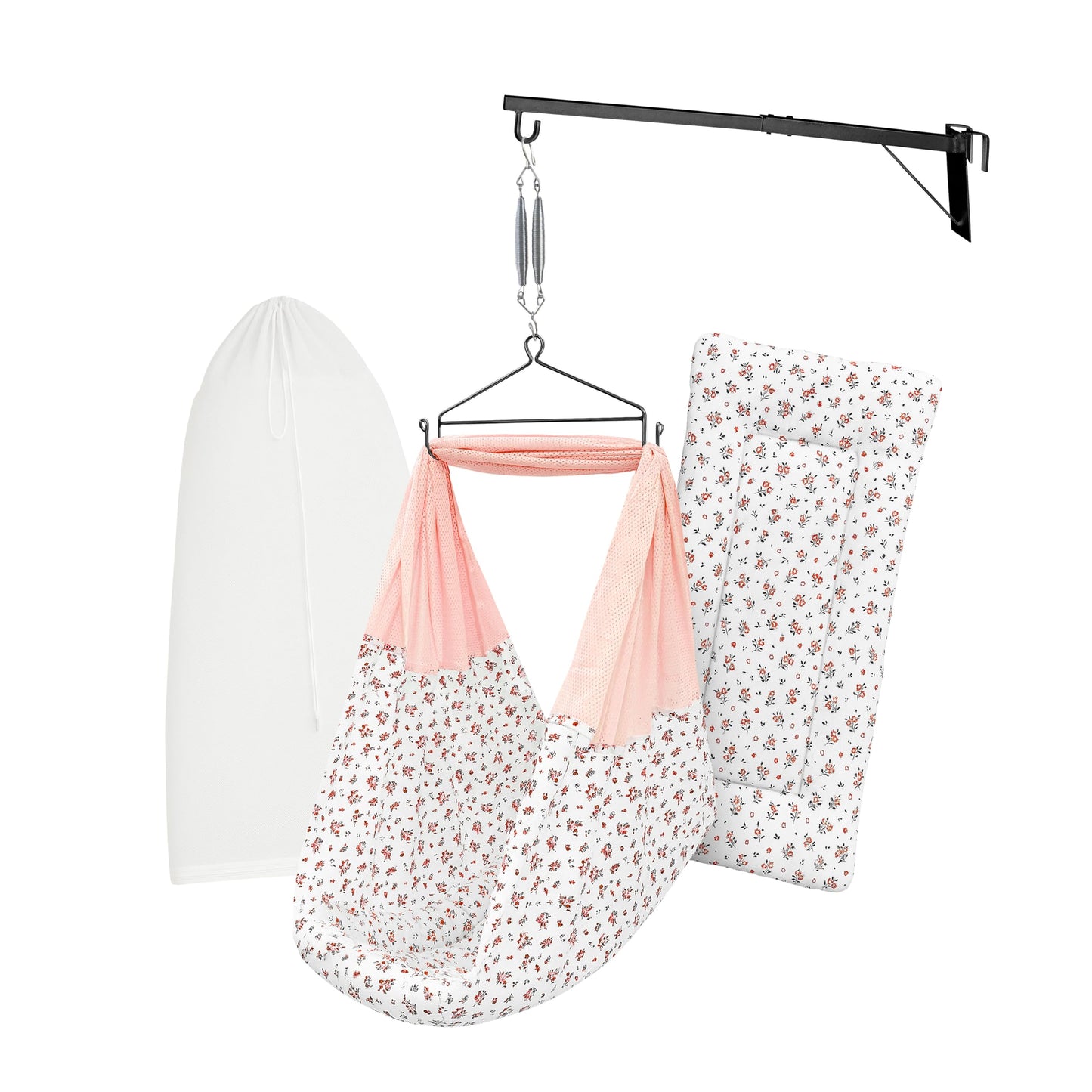 Beetot Baby Set | Pure Cotton Cloth, Removal Pad, Mosquito Net, Spring, Triangle And Window Hanger | Fs- (Peach, Emily Design)