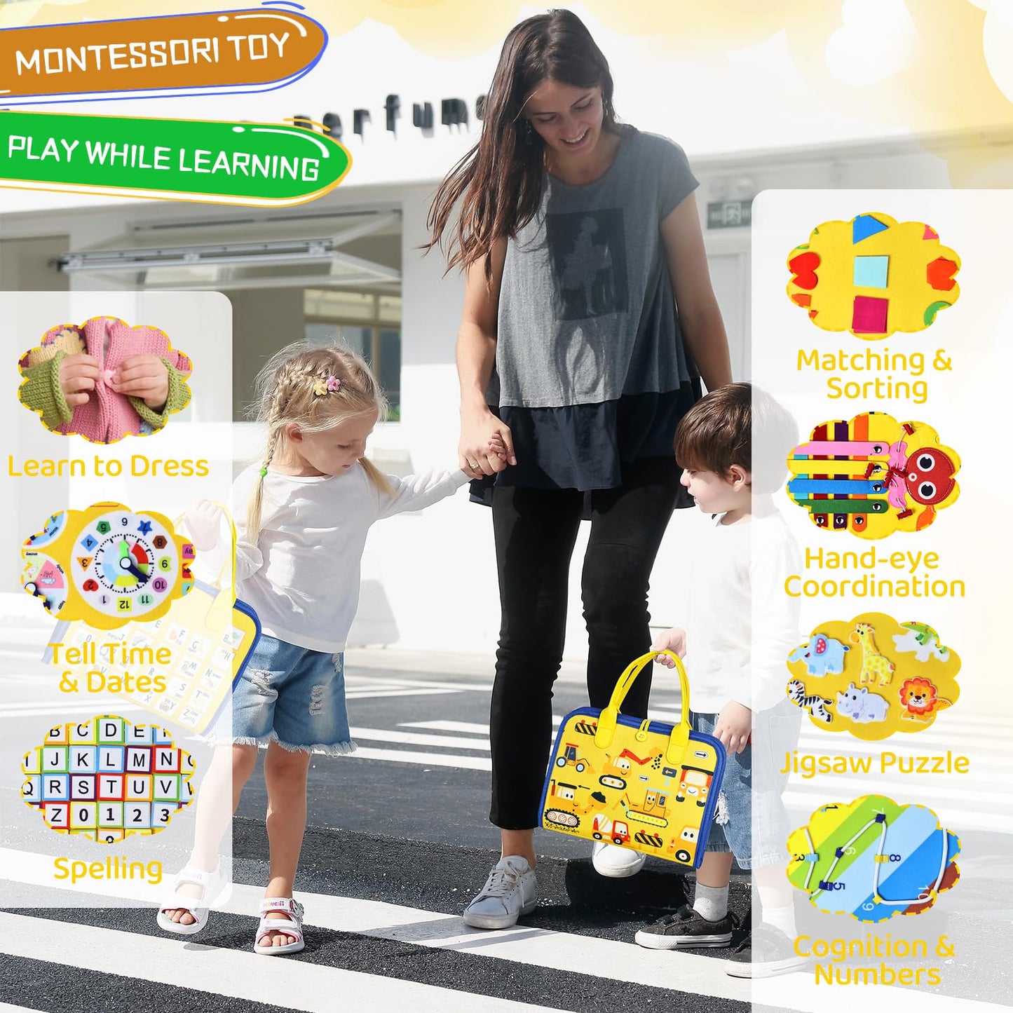 Esjay Toddler Busy Board Montessori Toys for Boys Girls, Sensory Board Educational Activities for Learning Fine Motor Skills, Bi