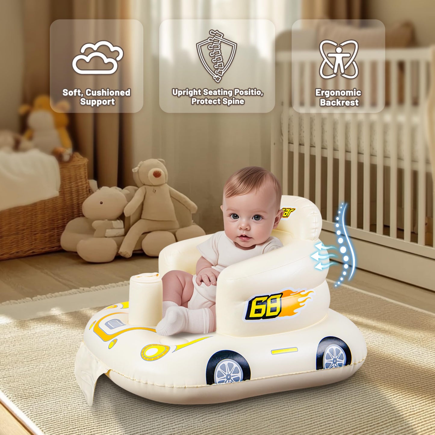 Josen Inflatable Seat For Babies 3 Months & Up, Baby Floor Seat Learn To Sit Up, Portable Infant Feeding Shower Chair, Blow Up B