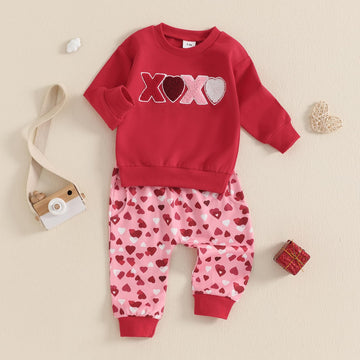 Beqeuewll Toddler Baby Girl Valentines Day Outfit Letter Print Long Sleeve Sweatshirt Heart Long Pants 2 Piece Set (Red, 12-18 M