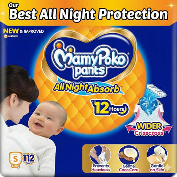 Mamypoko Pants All Night Absorb| Pant Style Baby Diapers Small Size(S), 112 Count, Ideal For Upto 5Kgs|1 Diaper= Upto All Night 