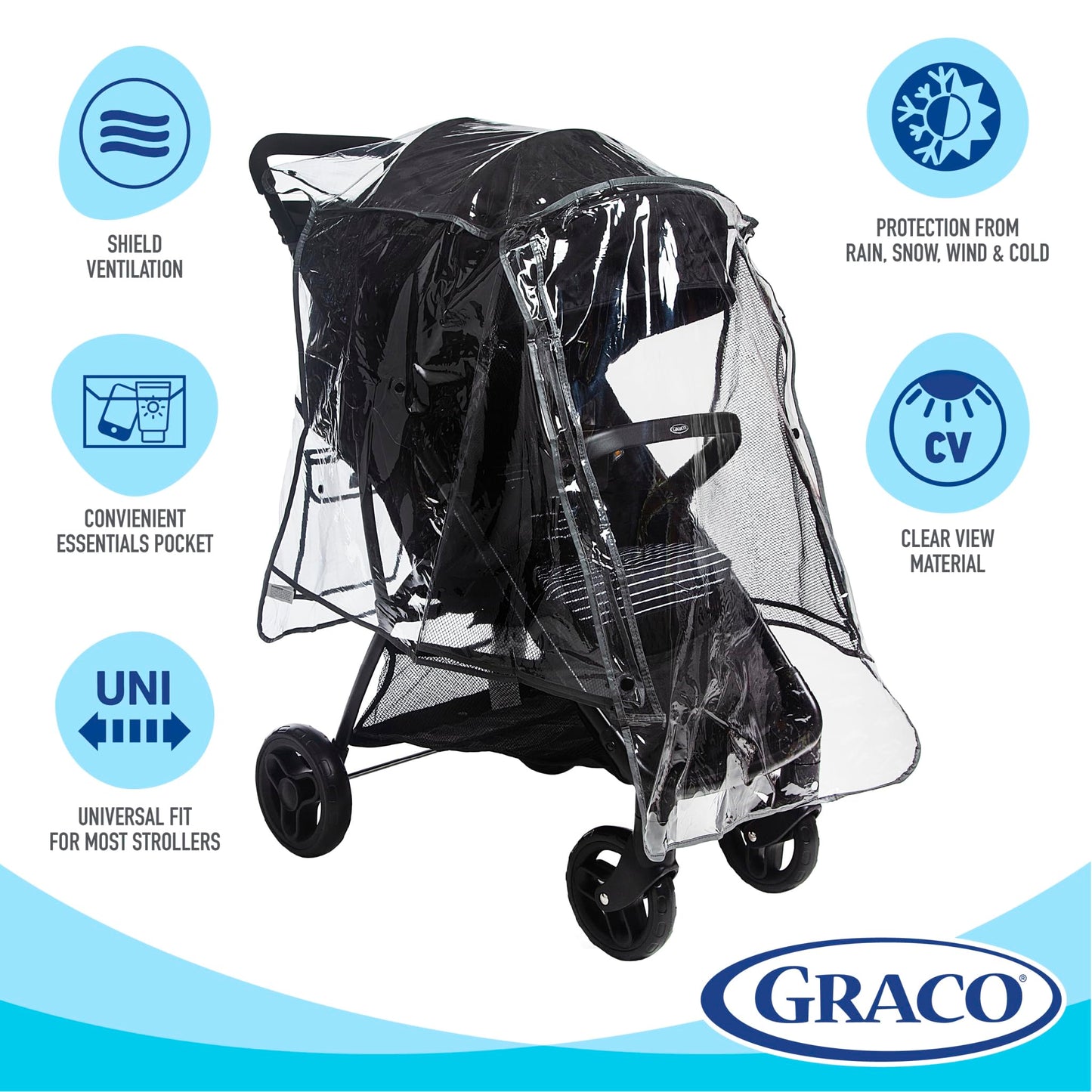 Graco Universal Baby Stroller Plastic Rain Cover & Weather Shield, Lightweight Waterproof Weathershield, Clear Vinyl Infant Car