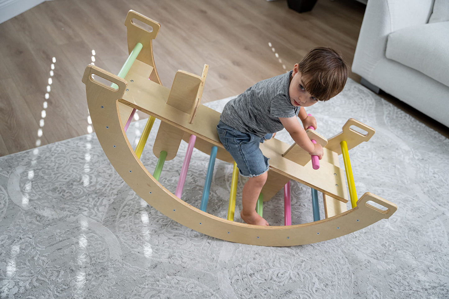 Avenlur Bailis Ultimate 3-In-1 Playset For Kids - Seesaw, Climbing Arch And Rocker - Waldorf And Montessori Climbing Toy For Chi