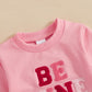 Nokpsedcb Baby Boy Girl Cute Letter Embroidery Long Sleeve Sweatshirt And Elastic Long Pants Toddler Valentine Outfits (Pink Be