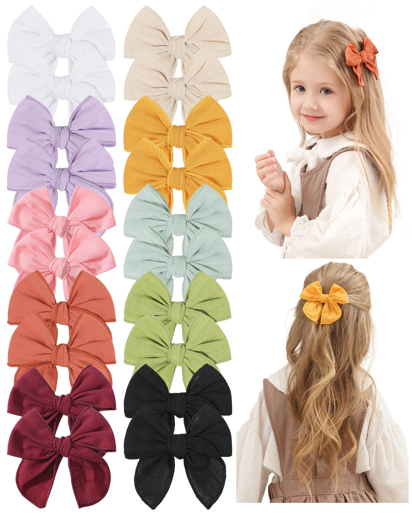 Doboi 20Pcs Fable Hair Clips - 3.6 Inch Cotton Linen Bows For Girls - Solid 10 Color Hair Accessories For Baby Toddlers Kids