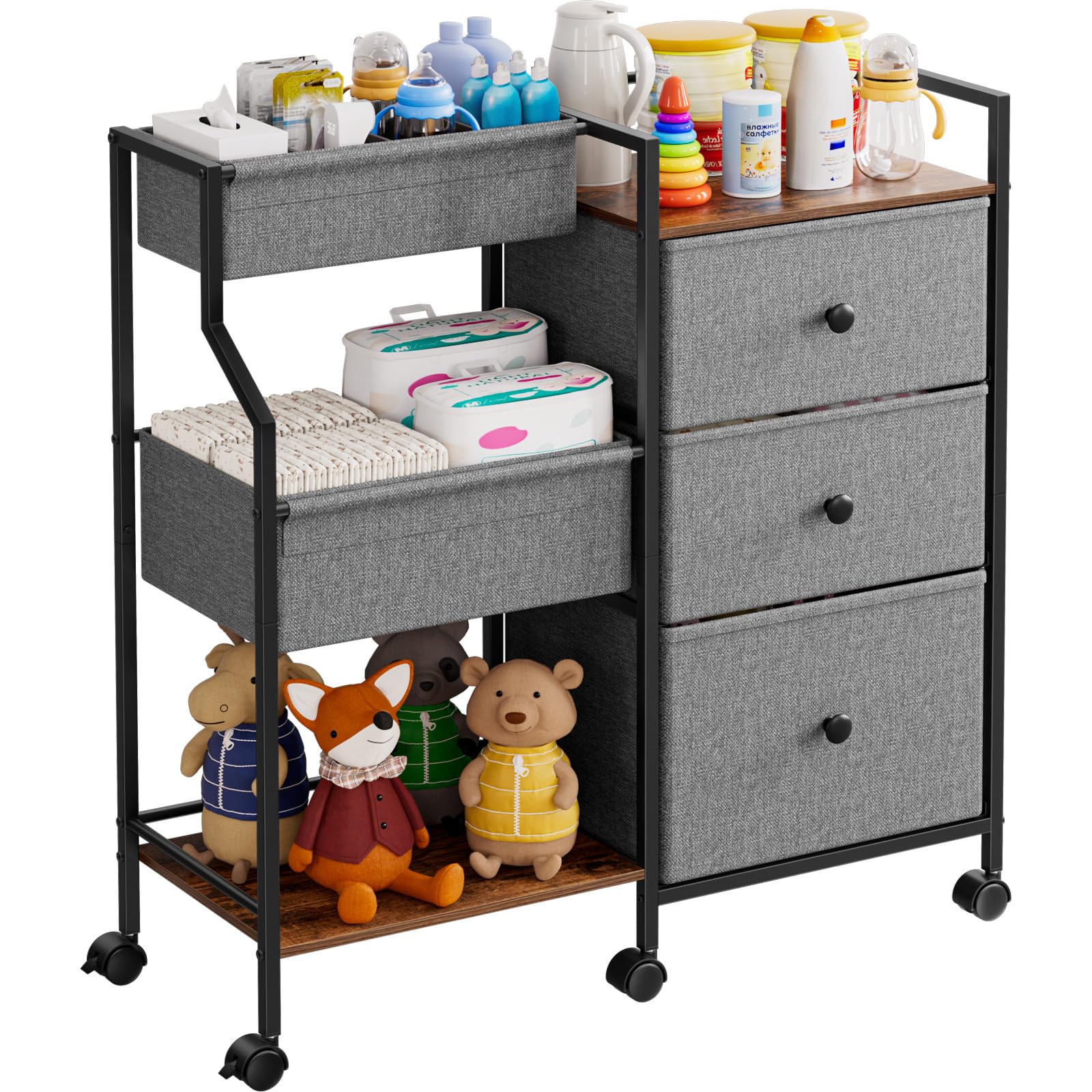 Baby Diaper Caddy Organizer and Storage - 3 Tier Rolling Cart with Dividers and Drawers, Easy To Assemble, Mobile Utility Cart w