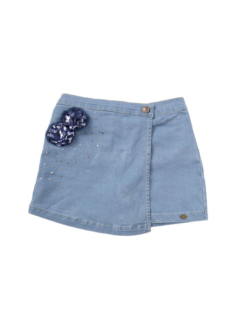 Kiddopanti Girls Denim Over Lap Shorts With Flowers And Rhinestones, Lt Wash With Flowers And Rhinestones  46Y
