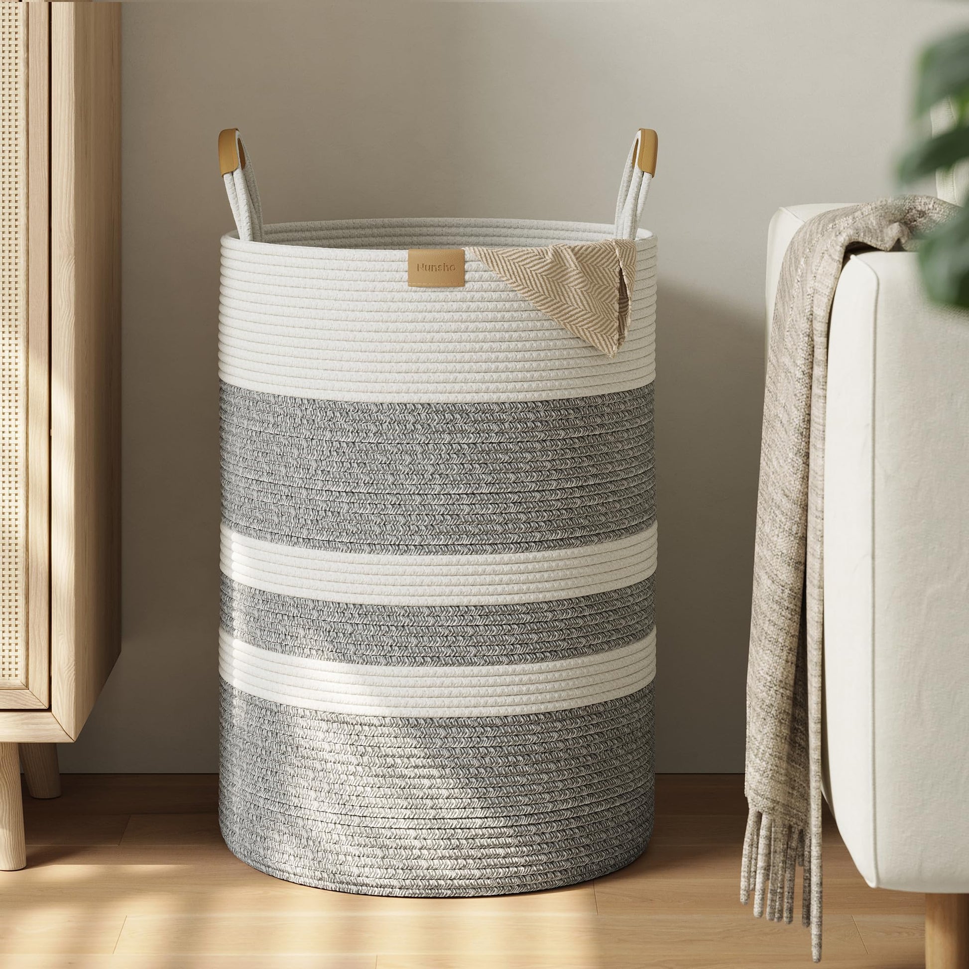 Nunsino 95L Striped Laundry Hamper with Leather Handles ,Large Foldable Laundry Basket for Clothes,Cotton Rope Storage Bin for B