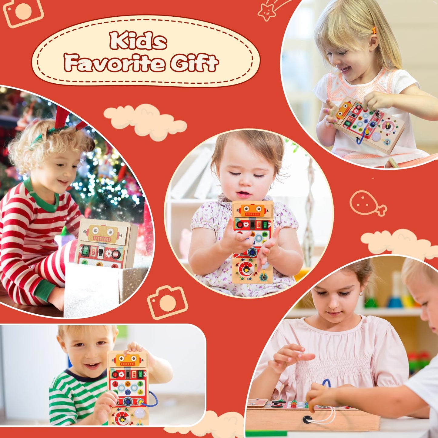 Asweets Montessori Wooden Busy Board Toy for Toddler, Red Robot Sensory Board with 8 LED Shape Light Switches, Travel & Gift Toy