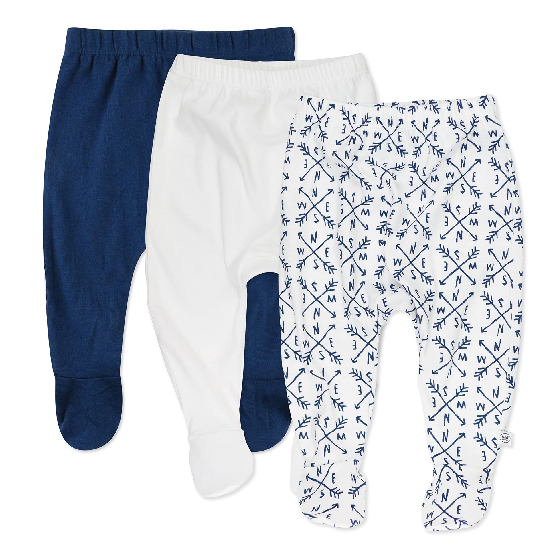 Honestbaby Baby 3-Pack Organic Cotton Footed Harem Pants, Compass Blue, 0-3 Months