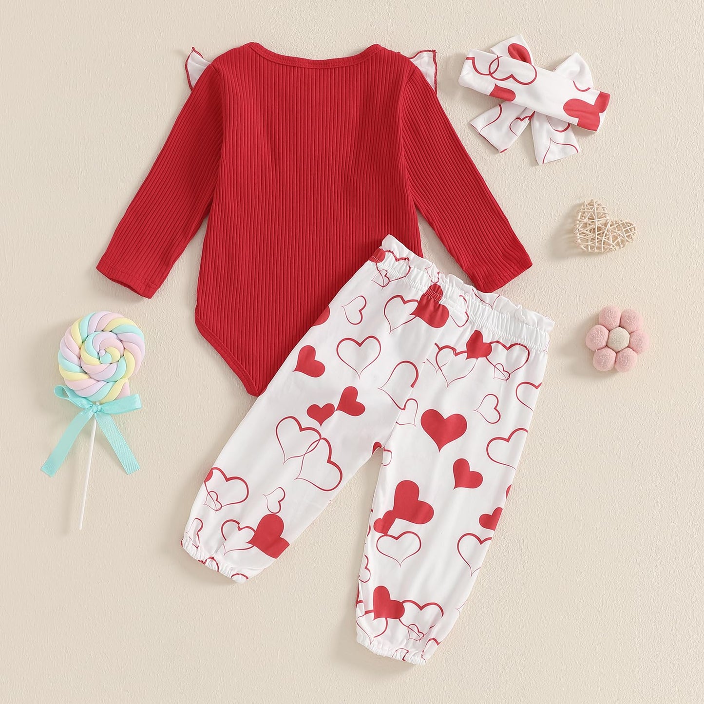 Rtnnsbbfcm Newborn Baby Girl Valentine'S Day Outfit Long Sleeve Ribbed Romper Heart Print Pants Headband 3Pcs Set (Red Heart, 3-