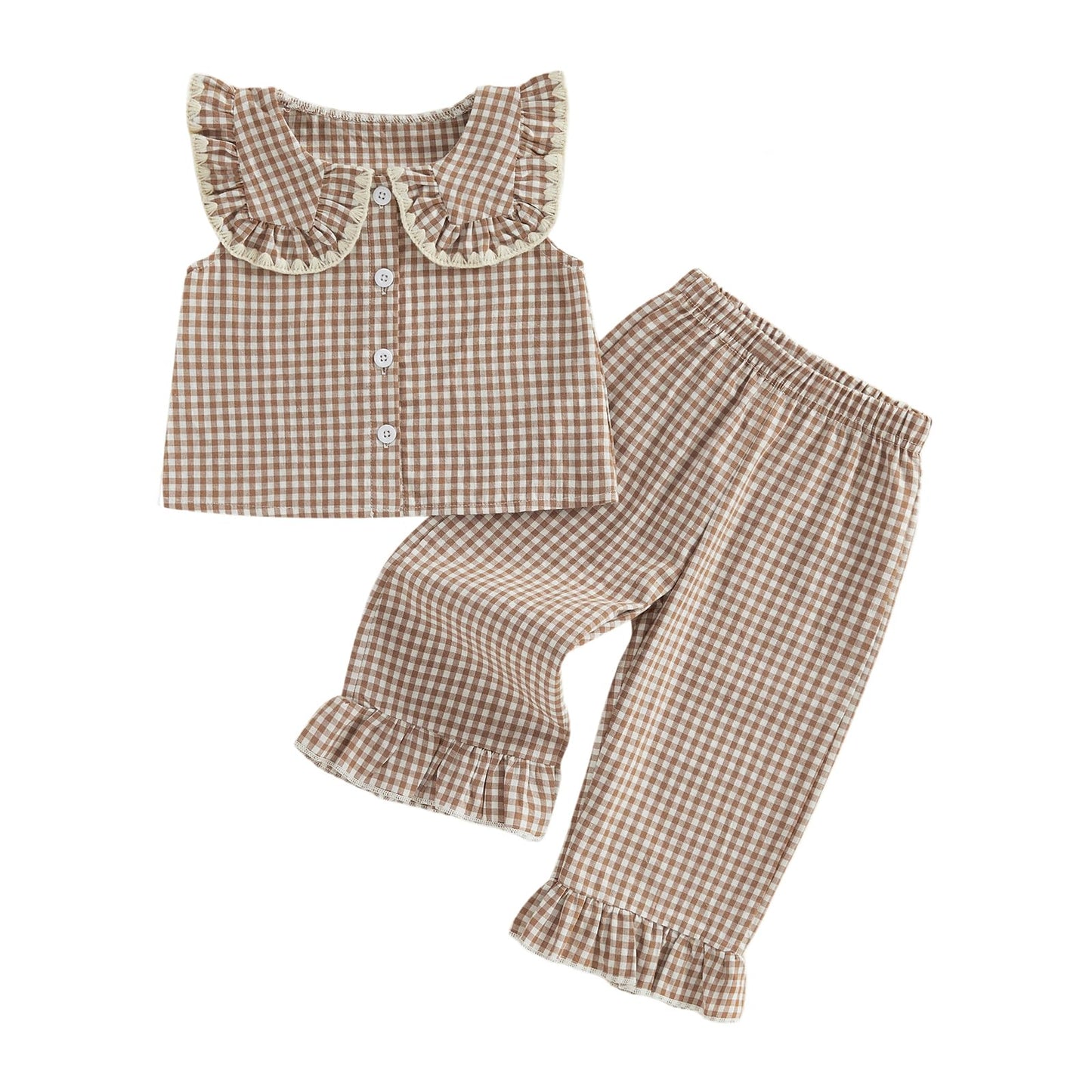 Thorn Tree Girls Summer Outfits Ruffle Sleeve Button Up Dress Tops Plaid Linen Pants Spring Toddler Girl Clothes (Khaki A, 12-18