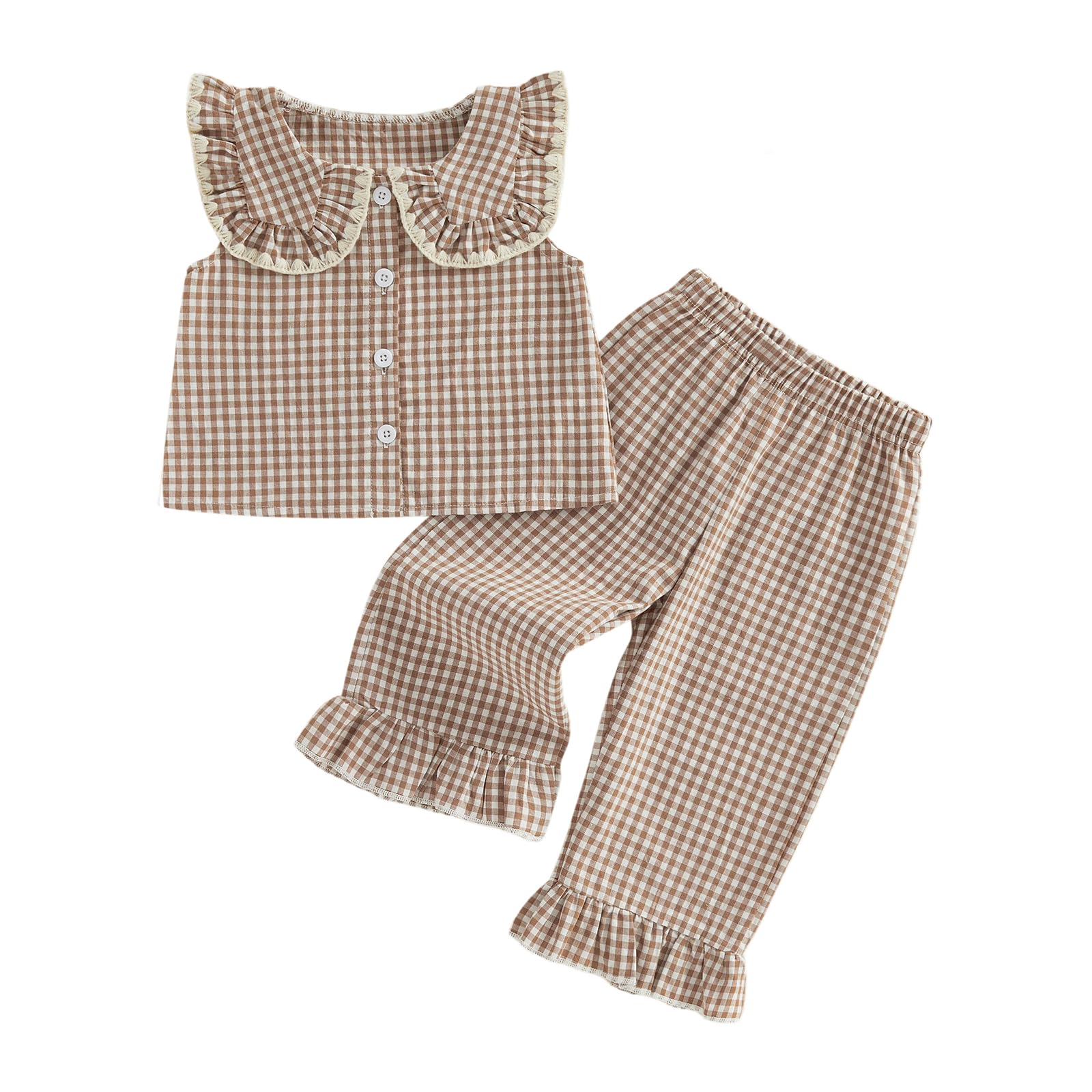 Thorn Tree Girls Summer Outfits Ruffle Sleeve Button Up Dress Tops Plaid Linen Pants Spring Toddler Girl Clothes (Khaki A, 12-18