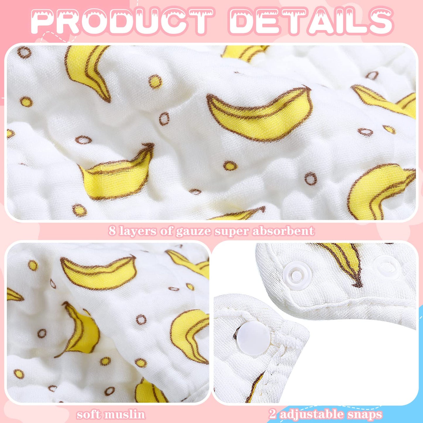Hicarer 36 Pack Muslin Baby Bibs Bulk Adjustable Newborn Toddler Drool Snap Bibs 8 Layers Cotton Baby Boy Girl (U Shape)
