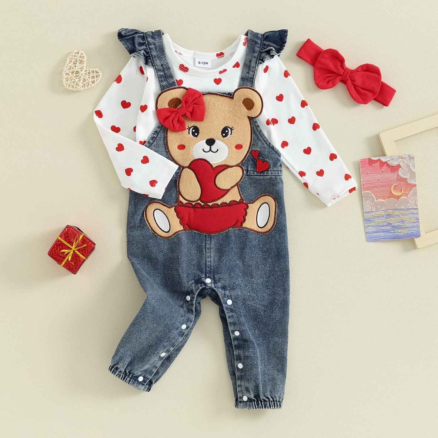 My First Valentines Day Baby Girl Outfit Long Sleeve Romper Onesie Bear Denim Overalls Headband Fall Winter Clothes(A-White Bear