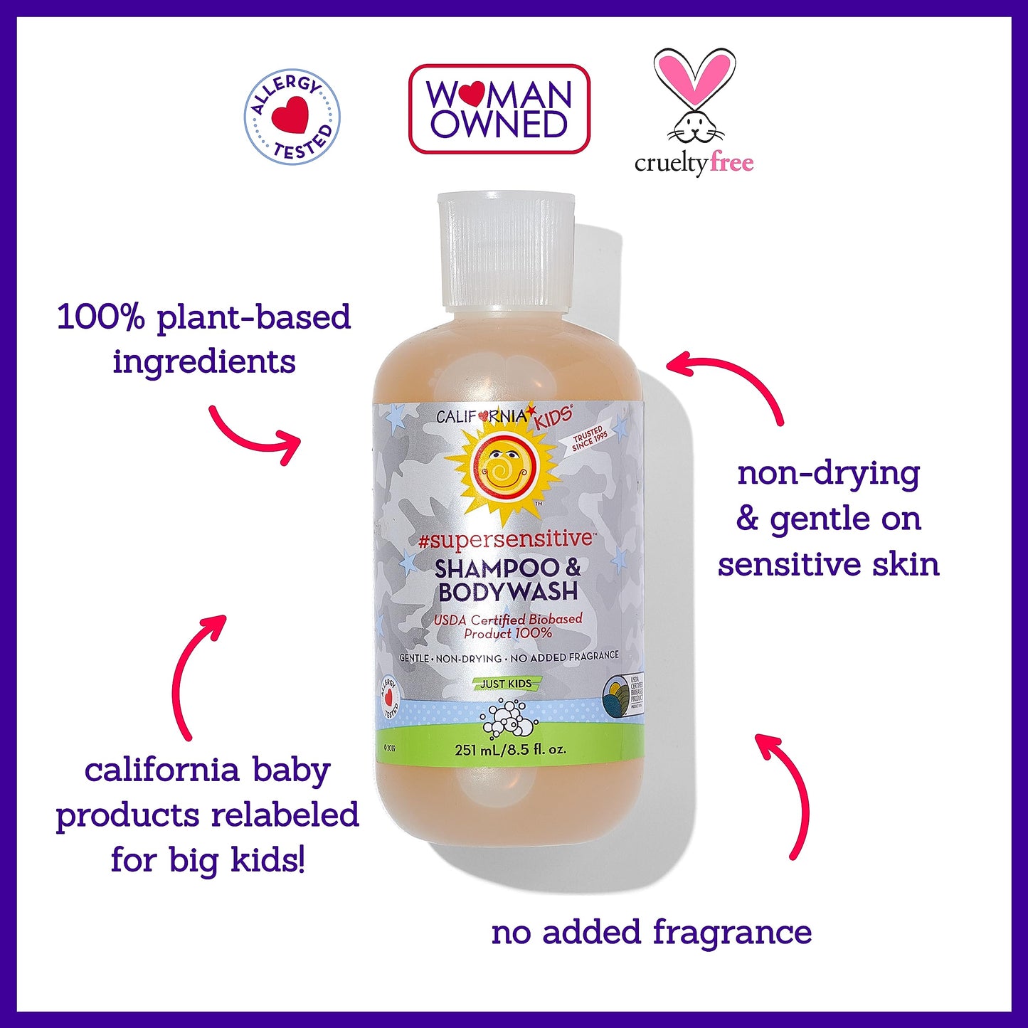 California Kids Super Sensitive Unscented Shampoo And Bodywash | 100% Plant-Based | Gentle Skincare | Fragrance Free | Hypoaller