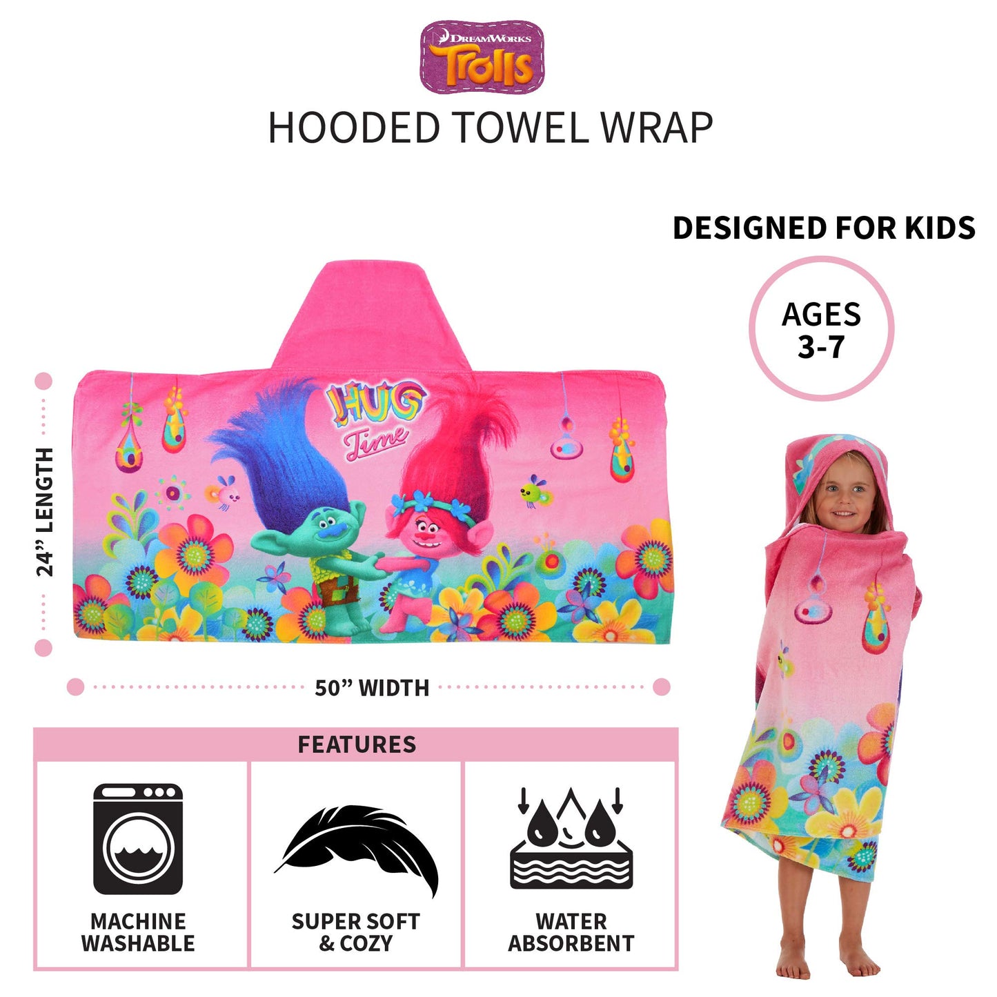 Trolls Bath/Pool/Beach Cotton Terry Hooded Towel Wrap, 24 In X 50 In, By Franco Kids