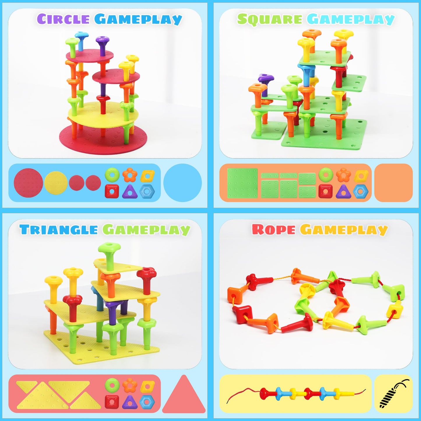 Ggiibro Peg Board Set STEM Toys for Toddlers Ages 3-6 | Montessori Sensory Stacking & Lacing Kit with Thick/Thin Foam Boards & S
