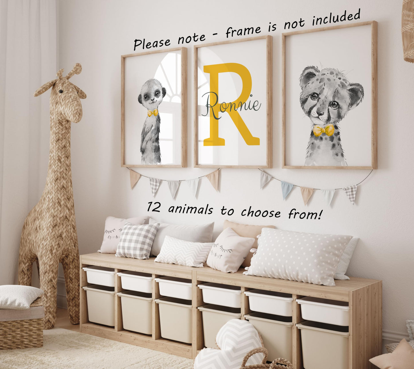 Personalized Safari Animals For Baby Boys Nursery Bedroom Unframed Set Of 3 Poster Prints, Personalized Name Blue Green Yellow B